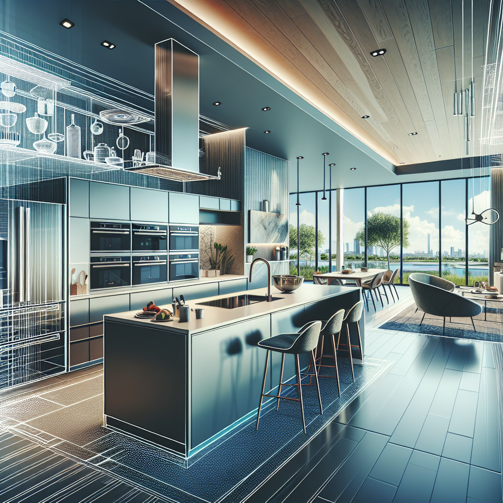 A modern kitchen, featuring an open-concept design with a large central island. The kitchen showcases high-tech, stainless steel appliances and smart home devices. In the background, there's a glimpse of a luxurious bathroom with a freestanding bathtub and a rainfall shower. Large, energy-efficient windows allow abundant natural light to flood the interiors. The image should convey a sense of sophistication and modernity, with an emphasis on eco-friendly and smart technology features.