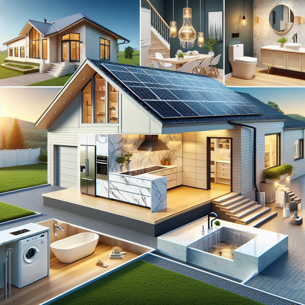A beautifully renovated kitchen with modern energy-efficient appliances, sleek quartz countertops, and stylish cabinetry. In the background, a partially visible bathroom showcases luxurious finishes and a solar panel is subtly integrated into the rooftop. The home's exterior features fresh landscaping with a newly-painted facade, embodying the comprehensive transformation described in the blog.